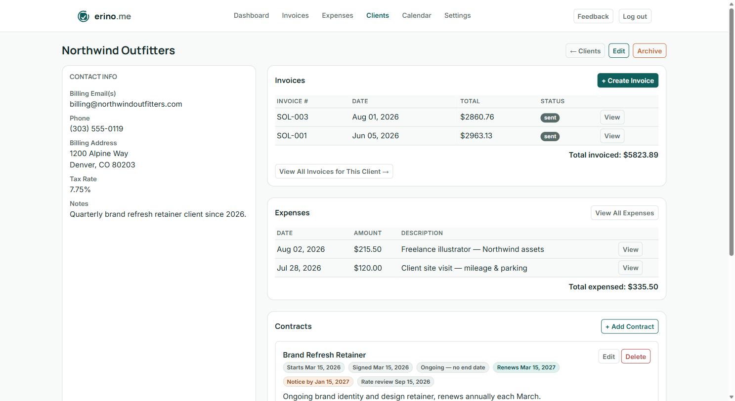 Erino.me client detail view showing contracts, invoices, and expenses for one client